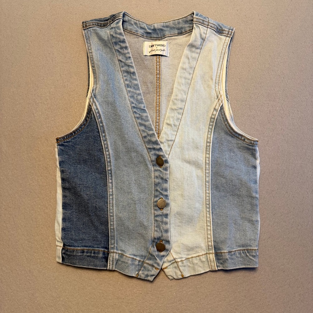 Driftwood x Free People Patchwork Denim Vest Blue Multi Colorblock Women XS